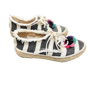 Loeffler Randall Women's Alfie Pom Pom Lace Up Striped Platform Espadrilles 39 8